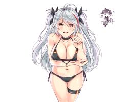 Rule 34 | ..., 1boy, 1girl, :d, antenna hair, azur lane, backpack, bag, bikini, black ribbon, blush, breasts, character request, choker, collarbone, fourtwelve, glasses, hair ribbon, index finger raised, large breasts, long hair, looking at viewer, multicolored hair, open mouth, partially colored, prinz eugen (azur lane), prinz eugen (unfading smile) (azur lane), red hair, ribbon, side-tie bikini bottom, silver hair, sitting, smile, spoken ellipsis, streaked hair, swimsuit, thigh strap, two side up, very long hair, white background