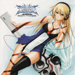 Rule 34 | 1girl, album cover, arc system works, asymmetrical clothes, blazblue, blonde hair, breasts, copyright name, cover, green eyes, headphones, logo, long hair, necktie, noel vermillion, official art, scan, single thighhigh, small breasts, solo, tattoo, thighhighs