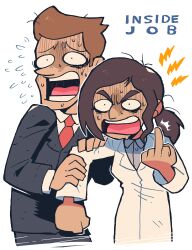 Rule 34 | 1boy, 1girl, absurdres, angry, black jacket, black pants, brett hand, brown hair, collared shirt, copyright name, english text, formal, highres, holding another&#039;s arm, inside job, jacket, lab coat, middle finger, necktie, open mouth, pants, ponytail, rariatto (ganguri), reagan ridley, red necktie, scared, shirt, smile, suit, tail, teeth, white background, white shirt