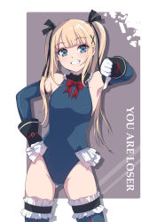 Rule 34 | 1girl, black ribbon, blonde hair, blue eyes, blue legwear, blue leotard, blue one-piece swimsuit, blush, breasts, dead or alive, dead or alive 5, elbow gloves, female focus, frilled leotard, frilled swimsuit, frills, gloves, grin, hair ornament, hair ribbon, highres, leotard, looking at viewer, marie rose, minato asuka, one-piece swimsuit, ribbon, small breasts, smile, solo, swimsuit, teeth, thumbs down, twintails, upper body, x hair ornament