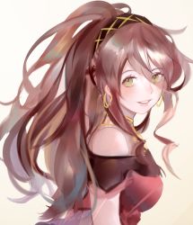 Rule 34 | 1girl, aubz, bracelet, brown hair, dancer, dress, jewelry, long hair, looking at viewer, necklace, octopath traveler, octopath traveler i, ponytail, primrose azelhart, simple background, smile, solo