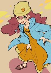 Rule 34 | 1boy, absurdres, androgynous, blue coat, brown background, coat, collarbone, dress, facial mark, foot out of frame, green eyes, hair between eyes, hand on own hip, hand on own leg, hat, highres, long hair, looking at viewer, rally dawson, red hair, smile, trap, yellow dress, yellow hat, youko-shima, yu-gi-oh!, yu-gi-oh! 5d&#039;s