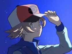 Rule 34 | 1boy, aoaomzir, baseball cap, blue background, blue jacket, brown hair, closed mouth, commentary request, creatures (company), fingernails, game freak, grey eyes, hand on headwear, hat, highres, hilbert (pokemon), jacket, long sleeves, looking at viewer, male focus, nintendo, pokemon, pokemon bw, smile, solo, upper body, zipper pull tab