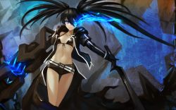 Rule 34 | 10s, 1girl, arm cannon, bad id, bad pixiv id, belt, black hair, black rock shooter, black rock shooter (character), blue eyes, breasts, flaming eyes, front-tie top, highres, jacket, long hair, midriff, navel, samui amekemuri, small breasts, solo, sword, twintails, uneven twintails, weapon