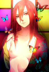 Rule 34 | 1girl, bad id, bad pixiv id, breasts, bug, butterfly, female focus, flat chest, hair between eyes, head tilt, highres, bug, japanese clothes, kazari tayu, kimono, long hair, looking at viewer, naruto, naruto (series), nipples, off shoulder, open clothes, petals, red eyes, red hair, serious, solo, tayuya (naruto), upper body