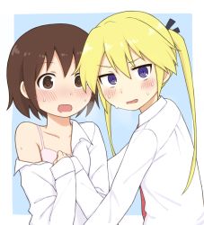 Rule 34 | 2girls, @ @, black ribbon, blonde hair, blue background, border, bra, brown eyes, brown hair, caught, collarbone, collared shirt, commentary request, embarrassed, hair between eyes, hair ribbon, hands up, highres, kill me baby, long hair, long sleeves, looking at viewer, mohya, multiple girls, necktie, open clothes, open mouth, open shirt, oribe yasuna, outside border, pink bra, purple eyes, red neckwear, ribbon, school uniform, shirt, short hair, sonya (kill me baby), split mouth, sweat, twintails, underwear, upper body, wavy mouth, white border, white shirt
