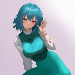 Rule 34 | 1girl, absurdres, blue eyes, blue hair, blue skirt, blue vest, breasts, commentary request, cross-laced clothes, gradient background, grey background, heterochromia, highres, large breasts, long sleeves, looking at viewer, moriforest1040, parted lips, red eyes, shirt, short hair, skirt, smile, solo, tatara kogasa, touhou, vest, white shirt