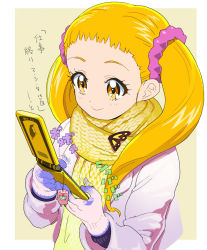Rule 34 | 1girl, afterimage, blue gloves, blush, border, cellphone, cellphone charm, charm (object), coat, commentary request, flip phone, gloves, hair ornament, hair scrunchie, kasugano urara (yes! precure 5), long hair, looking at phone, motion lines, moudoku (decopon3rd), multicolored clothes, multicolored gloves, outside border, phone, pink gloves, pink scrunchie, precure, purple coat, scarf, scrunchie, simple background, smile, solo, typing, upper body, white border, winter clothes, winter coat, winter gloves, yellow background, yellow eyes, yellow scarf, yellow theme, yes! precure 5