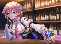 Rule 34 | 1girl, alcohol, bartender, bird girl, blue eyes, breasts, closed mouth, cocktail, cocktail glass, cup, drinking glass, finger to own chin, freeze-ex, gloves, head wings, high-waist shorts, hololive, large breasts, long sleeves, looking at viewer, nail polish, necktie, partially fingerless gloves, pink hair, pink nails, pink necktie, shirt, short hair, shorts, smile, solo, takane lui, takane lui (1st costume), virtual youtuber, white shirt, wings