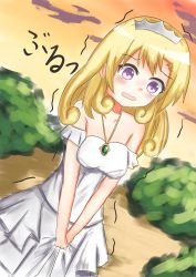 Rule 34 | 1girl, absurdres, bare shoulders, blonde hair, blush, breasts, bush, cloud, collarbone, dress, dutch angle, embarrassed, endro!, female focus, have to pee, highres, ichigotoofu (pixiv 28919975), japanese text, jewelry, long hair, medium breasts, necklace, open mouth, orange sky, outdoors, own hands together, purple eyes, rona pricipa o rabanesta, sky, solo, standing, strapless, strapless dress, sunset, tears, tiara, translation request, trembling, v arms, white dress
