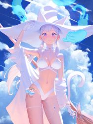 Rule 34 | 1girl, absurdres, animal ears, bare shoulders, bell, bikini, bottle, broom, cat, cat ears, cat tail, choker, cloud, cloudy sky, commentary, english commentary, frilled choker, frills, ghost, hat, highres, holding, holding wand, jingle bell, long hair, looking at viewer, midriff, multicolored eyes, navel, original, sky, smile, solo, swimsuit, tail, twintails, wand, white bikini, white hair, witch hat, wonbin lee