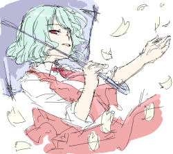 Rule 34 | 1girl, :o, dress, expressionless, female focus, green hair, kazami yuuka, looking at viewer, necktie, oekaki, parted lips, petals, puffy short sleeves, puffy sleeves, red dress, red eyes, red necktie, sakuraba yuuki, short hair, short sleeves, simple background, solo, touhou, upper body, white background