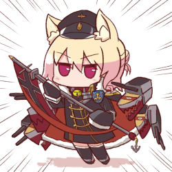 Rule 34 | 1girl, anchor, animal ear fluff, animal ears, azur lane, bell, bismarck (azur lane), bismarck (azur lane) (cosplay), borrowed character, brown collar, cape, chibi, coat, collar, cosplay, emphasis lines, expressionless, flag, fox ears, fox girl, fur collar, fur trim, hair between eyes, hair bun, hat, highres, jingle bell, kemomimi-chan (naga u), military, military coat, military hat, military uniform, neck bell, original, pink eyes, red cape, simple background, single hair bun, sleeves past fingers, sleeves past wrists, solo, tagme, uniform, weapon, white background, wwwhos