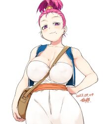 Rule 34 | 1girl, bag, bare shoulders, between breasts, blue eyes, breasts, cleavage, commentary request, cowboy shot, dated, dragon quest, dragon quest iii, earrings, hair ornament, hand on own hip, high ponytail, jewelry, large breasts, looking at viewer, merchant (dq3), mole, mole on breast, mole under mouth, pink hair, ponytail, sash, shoulder bag, signature, smile, solo, strap between breasts, stud earrings, tsukudani (coke-buta), vest, white background