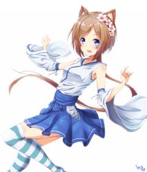 Rule 34 | 1girl, animal ears, blue eyes, blue skirt, blush, breasts, brown hair, cat ears, collarbone, fang, flower, hair flower, hair ornament, highres, long hair, looking at viewer, parted lips, phantasy star, phantasy star online 2, signature, skirt, smile, solo, striped clothes, striped thighhighs, thighhighs, toki (toki ship8)