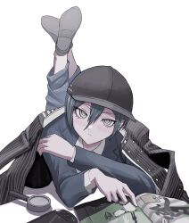 Rule 34 | 1boy, ahoge, bishounen, black hair, black jacket, blush, book, commentary request, crossed ankles, crossed arms, danganronpa (series), danganronpa v3: killing harmony, eyelashes, hair between eyes, handheld game console, hat, highres, jacket, jacket on shoulders, long sleeves, looking at viewer, lying, magnifying glass, male focus, on stomach, open book, pants, playstation vita, reading, ringed eyes, saihara shuichi, shirt, shoe soles, short hair, simple background, sukizukiko, the pose, white background, yellow eyes