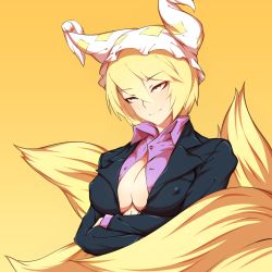Rule 34 | 1girl, blonde hair, breasts, cleavage, contemporary, covered erect nipples, crossed arms, female focus, formal, fox tail, hat, kaminari, large breasts, multiple tails, no bra, simple background, smile, smug, solo, suit, tail, touhou, upper body, yakumo ran, yellow background, yellow eyes