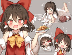 Rule 34 | &gt;:d, &gt;:o, +++, 1girl, :d, :o, ^ ^, ascot, bare shoulders, barefoot, blush, book, bow, brown hair, closed eyes, detached sleeves, food, hair bow, hair tubes, hakurei reimu, headdress, holding, holding plate, multiple views, open mouth, piyokichi, plate, red bow, red eyes, short hair, smile, sparkle, touhou, v-shaped eyebrows, wild and horned hermit, yellow ascot