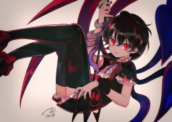 Rule 34 | 1girl, asymmetrical wings, black dress, black hair, black socks, blue wings, bow, commentary request, dated, dress, feet out of frame, footwear bow, frills, grey background, hair between eyes, holding, holding polearm, holding weapon, houjuu nue, kneehighs, maruino, medium hair, nail polish, polearm, red bow, red eyes, red footwear, red nails, red neckwear, red wings, shoes, short sleeves, signature, slit pupils, smile, snake, socks, solo, thighhighs, tomoe (symbol), touhou, trident, weapon, wings, wristband