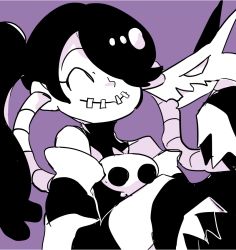 Rule 34 | 1girl, female focus, hair over one eye, leviathan (skullgirls), monochrome, side ponytail, skullgirls, smile, solo, squigly (skullgirls), stitched mouth, stitches, striped, striped sleeves, zombie