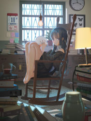 Rule 34 | 1girl, armchair, backlighting, barefoot, black dress, black hair, blurry, blush, bokeh, book, book stack, bug, butterfly, cabinet, calendar (object), chair, clock, closed mouth, depth of field, display case, dress, feet on chair, from side, full body, glass, hair ornament, hairclip, highres, holding, holding skull, indoors, insect, knees up, lampshade, light bulb, long hair, looking at viewer, looking to the side, messy room, open book, original, purple eyes, rocking chair, short dress, sitting, skull, smile, solo, vofan, wall clock, window
