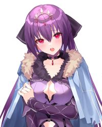 Rule 34 | 1girl, borrowed clothes, breasts, cleavage, cleavage cutout, clothing cutout, fate/grand order, fate (series), hair between eyes, highres, kernel killer, large breasts, long hair, looking at viewer, open mouth, purple hair, red eyes, scathach (fate), scathach skadi (fate), scathach skadi (second ascension) (fate), solo, tiara