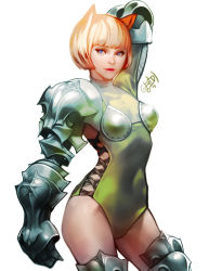 Rule 34 | 1girl, animal ears, armor, armored boots, artist name, bikini armor, blonde hair, blue eyes, boots, contrapposto, covered navel, cross-laced clothes, female focus, gauntlets, lemon89h, lips, looking to the side, parted lips, pauldrons, shoulder armor, simple background, solo, standing, white background