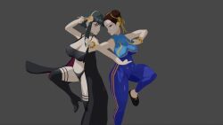 Rule 34 | 2girls, 3d, animated, animated gif, ass, breasts, capcom, chun-li, commission, crossover, grey background, huge ass, large breasts, multiple girls, non-web source, simple background, spy x family, standing, standing on one leg, street fighter, yor briar