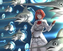 Rule 34 | 1girl, ark royal (kancolle), blue eyes, bob cut, breasts, cleavage, commentary request, drie, fate (series), fingerless gloves, fish, gate of babylon (fate), gloves, hairband, kantai collection, long sleeves, pantyhose, parody, red hair, ribbon, short hair, small breasts, swordfish, tiara