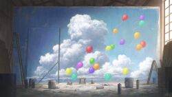 Rule 34 | akafune, balloon, blue sky, box, cloud, cloudy sky, cumulonimbus cloud, indoors, ladder, mural, no humans, original, paint can, rolled up paper, scenery, sidelighting, signature, sky, spray can, stool, tile floor, tiles