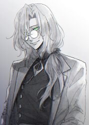 Rule 34 | 1boy, buttons, glasses, gradient background, green eyes, grey background, greyscale, hair over one eye, hair over shoulder, hair ribbon, idolmaster, idolmaster side-m, jacket, lapels, long hair, looking at viewer, low ponytail, male focus, mandarin collar, matsumoto mio, monochrome, notched lapels, open clothes, open jacket, parted lips, ribbon, round eyewear, shirt, smile, solo, spot color, tsuzuki kei, upper body, white background