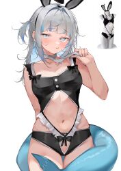 Rule 34 | 1girl, absurdres, alternate costume, animal ears, blue hair, blush, breasts, clothing request, colored inner hair, commentary, crotch cutout, fake animal ears, fins, fish tail, gawr gura, grey hair, highres, hololive, hololive english, looking at viewer, medium hair, multicolored hair, navel, pepq, shark girl, shark tail, small breasts, solo, streaked hair, symbol-only commentary, tail, tongue, tongue out, two side up, virtual youtuber