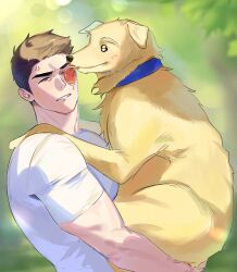 Rule 34 | 1boy, absurdres, affectionate, anger vein, animal, animalization, ao isami, black hair, dog, facial hair, gamti0, highres, holding, holding animal, lewis smith, licking, licking another&#039;s face, male focus, shirt, sideburns stubble, smile, stubble, t-shirt, thick eyebrows, upper body, yuuki bakuhatsu bang bravern