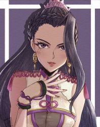 Rule 34 | 1girl, black hair, breasts, earrings, highres, jewelry, large breasts, long hair, looking at viewer, luong, ponii, purple eyes, snk, the king of fighters