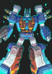 Rule 34 | 1boy, absurdres, autobot, black background, clenched hand, floating, green eyes, gun, highres, holding, holding gun, holding weapon, konachang, looking at viewer, mecha, no humans, robot, solo, transformers, ultra magnus, weapon