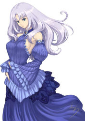 Rule 34 | 10s, 1girl, annelotte, annelotte (queen's blade), bare shoulders, blue dress, breasts, detached sleeves, dress, eiwa, knight princess annelotte, long hair, purple hair, queen&#039;s blade, queen&#039;s blade rebellion, sideboob, signature, white background