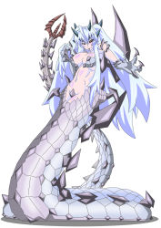 Rule 34 | 1girl, blush, breasts, buti-yu, claws, dalamadur, full body, highres, lamia, monster girl, monster hunter (series), personification, red eyes, solo, white hair