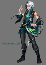 Rule 34 | 1boy, absurdres, belt, black hair, boots, braid, chinese clothes, detached sleeves, green eyes, grey background, guolu, hand on own hip, highres, male focus, multicolored hair, silver hair, solo, tangzhuang, vest, vocaloid, vocanese, yuezheng longya