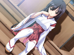 Rule 34 | 1girl, aizome isuzu, artist request, black eyes, black hair, dutch angle, game cg, hime to majin to koisuru tamashii, japanese clothes, long hair, long sleeves, miko, official art, panties, pink panties, sandals, sitting, smile, solo, thighhighs, underwear, white thighhighs