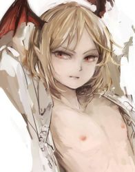 Rule 34 | 10s, 1girl, arms behind head, blonde hair, collarbone, female focus, flat chest, granblue fantasy, head wings, open clothes, open shirt, parted lips, pointy ears, red eyes, shingeki no bahamut, shirt, simple background, sketch, solo, vampy, wataichi meko, white background, wings