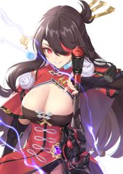 Rule 34 | 1girl, :d, beidou (genshin impact), belt, black gloves, black hair, breasts, chinese clothes, claymore (sword), cleavage, commentary request, elbow gloves, eyepatch, fingerless gloves, genshin impact, gloves, greatsword, hair between eyes, hair ornament, hairpin, highres, holding, holding sword, holding weapon, lightning, long hair, looking at viewer, meda, open mouth, red eyes, sidelocks, simple background, smile, solo, sword, weapon, white background, wind