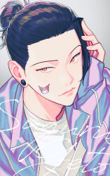 Rule 34 | 1boy, black hair, character name, character signature, closed mouth, earrings, getou suguru, ggss cc, grey background, hair bun, hand on own head, highres, jacket, jewelry, jujutsu kaisen, kuromi, loose hair strand, male focus, open clothes, open jacket, orange eyes, shirt, simple background, sleeves past wrists, solo, sticker on face, stud earrings, unzipped, upper body, white shirt