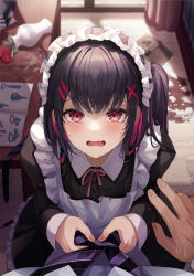 Rule 34 | 1boy, 1girl, absurdres, apron, black dress, black hair, black necktie, blush, book, breasts, broken cup, colored inner hair, copyright request, crying, crying with eyes open, dress, fang, flower, from above, gongha, hair ornament, hairclip, highres, indoors, long hair, long sleeves, looking at viewer, maid, maid apron, maid headdress, multicolored hair, neck ribbon, necktie, open book, open mouth, pov, purple necktie, red flower, ribbon, side ponytail, solo focus, striped necktie, table, tears, vase, white apron, x hair ornament