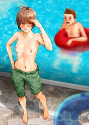 Rule 34 | 1boy, 1girl, absurdres, ahoge, barefoot, blurry, blurry background, blush, breasts, brown eyes, brown hair, collarbone, commentary, crossdressing, day, depth of field, embarrassed, exhibitionism, from above, green male swimwear, green swim trunks, hair between eyes, hand on own hip, highres, innertube, kaki o7o7, looking at another, looking back, male swimwear, male swimwear challenge, medium breasts, nail polish, navel, nose blush, open mouth, original, pink nails, pool, poolside, public indecency, ribs, shading eyes, shadow, spiked hair, standing, stone floor, surprised, swim ring, swim trunks, swimsuit, thick eyebrows, tomboy, topless, trunks, water