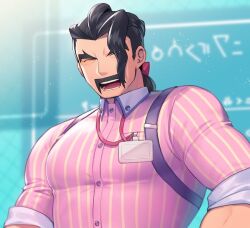 Rule 34 | 1boy, :d, bara, black hair, blurry, blurry background, buttons, closed eyes, closed mouth, collared shirt, commentary request, creatures (company), facial hair, game, game freak, haneten kagatsu, lanyard, long hair, looking at viewer, male focus, mature male, mustache, nintendo, open mouth, pectorals, pink eyes, pink shirt, pokemon, pokemon sv, saguaro (pokemon), shirt, smile, solo, striped clothes, striped shirt, teeth, thick eyebrows, tongue, upper body, vertical-striped clothes, vertical-striped shirt