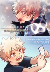 Rule 34 | 1boy, absurdres, age progression, bakugou katsuki, black shirt, blonde hair, blood, blood on face, boku no hero academia, character name, dated, hair between eyes, happy birthday, highres, male focus, michiru mha, multiple views, open mouth, red eyes, shirt, short hair, smile, spiked hair, superhero costume, sweat, t-shirt, twitter username, upper body