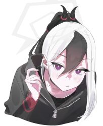Rule 34 | 1girl, black hair, black horns, black jacket, blue archive, blush, closed mouth, demon horns, grey halo, hair between eyes, halo, highres, hood, hooded jacket, horns, jacket, kayoko (blue archive), long hair, long sleeves, looking at viewer, mitsutsuka, multicolored hair, purple eyes, simple background, solo, upper body, white background, white hair