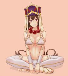 Rule 34 | 1girl, bad id, bad pixiv id, bare shoulders, bead necklace, beads, bikini, black hair, breasts, cleavage, cold (hoshinoskull), earrings, fate/grand order, fate (series), feet, full body, hair between eyes, hat, hoop earrings, indian style, jewelry, large breasts, long hair, looking at viewer, navel, necklace, parted lips, pink background, prayer beads, purple eyes, sandals, single earring, sitting, smile, solo, stomach, swimsuit, thighhighs, toes, underboob, v arms, very long hair, white bikini, white thighhighs, wristband, xuangzang sanzang (fate)