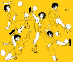 Rule 34 | 1boy, absurdres, arm up, bachira meguru, ball, blue lock, boots, full body, highres, kicking, leg up, long sleeves, male focus, midriff peek, monochrome, multiple views, open mouth, pepupapipooo, shirt, short hair, shorts, simple background, sleeves past wrists, smile, yellow background, yellow theme