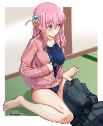 Rule 34 | 1girl, aona (anagasaki), barefoot, black skirt, blue eyes, blue one-piece swimsuit, bocchi the rock!, breasts, collarbone, cube hair ornament, dark skin, gotoh hitori, hair between eyes, hair ornament, highres, indoors, jacket, large breasts, long hair, on floor, one-piece swimsuit, one side up, partially unzipped, pink hair, pink jacket, pleated skirt, school swimsuit, sitting, skirt, unworn skirt, solo, swimsuit, swimsuit under clothes, teardrop, twitter username, very dark skin, wariza